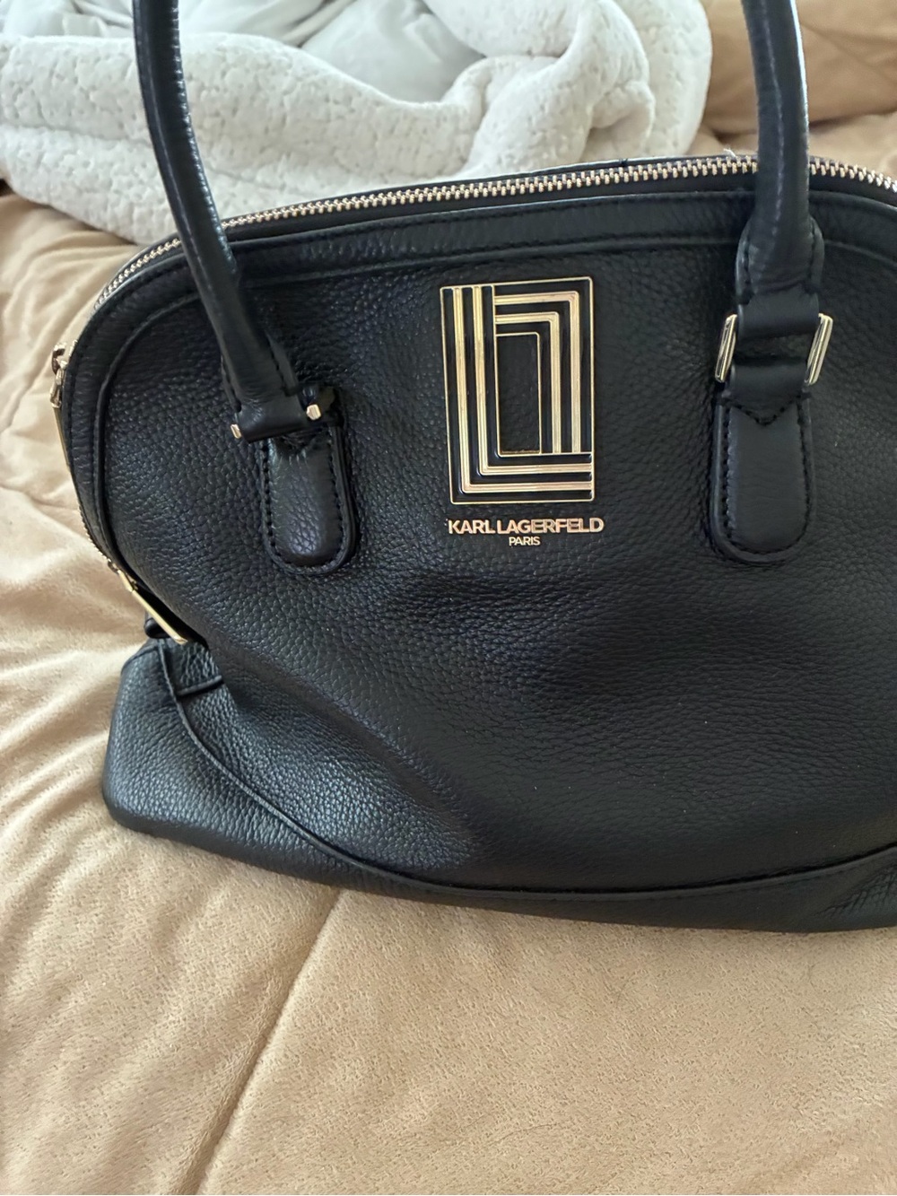 Karl Lagerfeld Black Pebbled Leather Satchel with Gold Logo